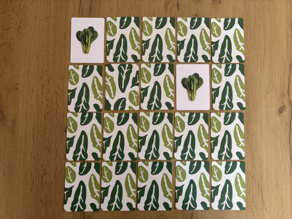 マジで草。　野菜カードを2枚表にして野菜を当てている画像